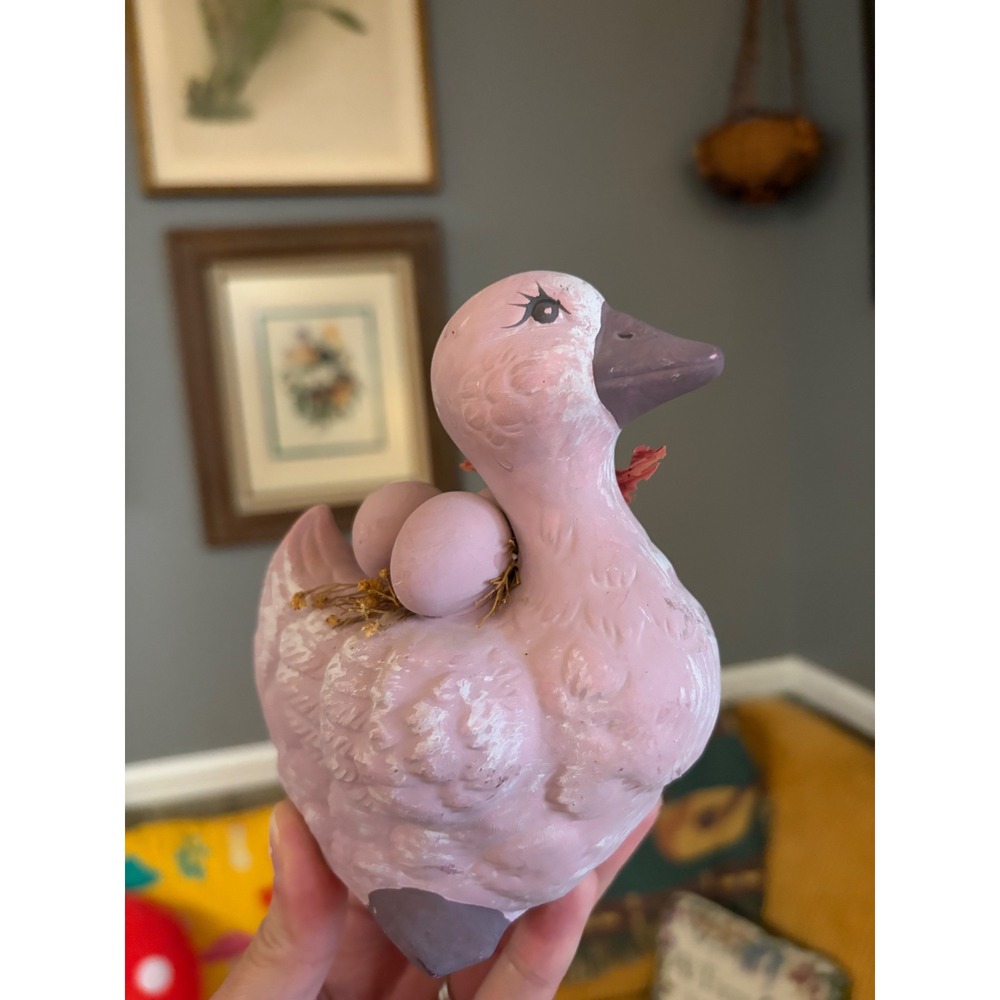 Vintage Pink Ceramic Goose Figurine with Eggs and Bow Farmhouse Decor